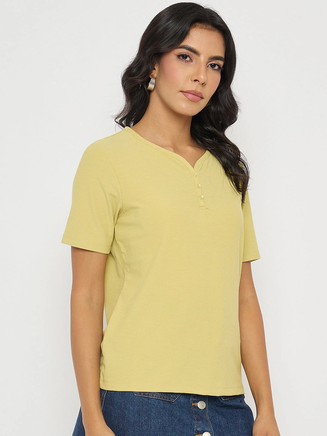 Madame Henley Neck Solid Mustard Yellow T-Shirt Bound Seam Finish Ergonomic Cut