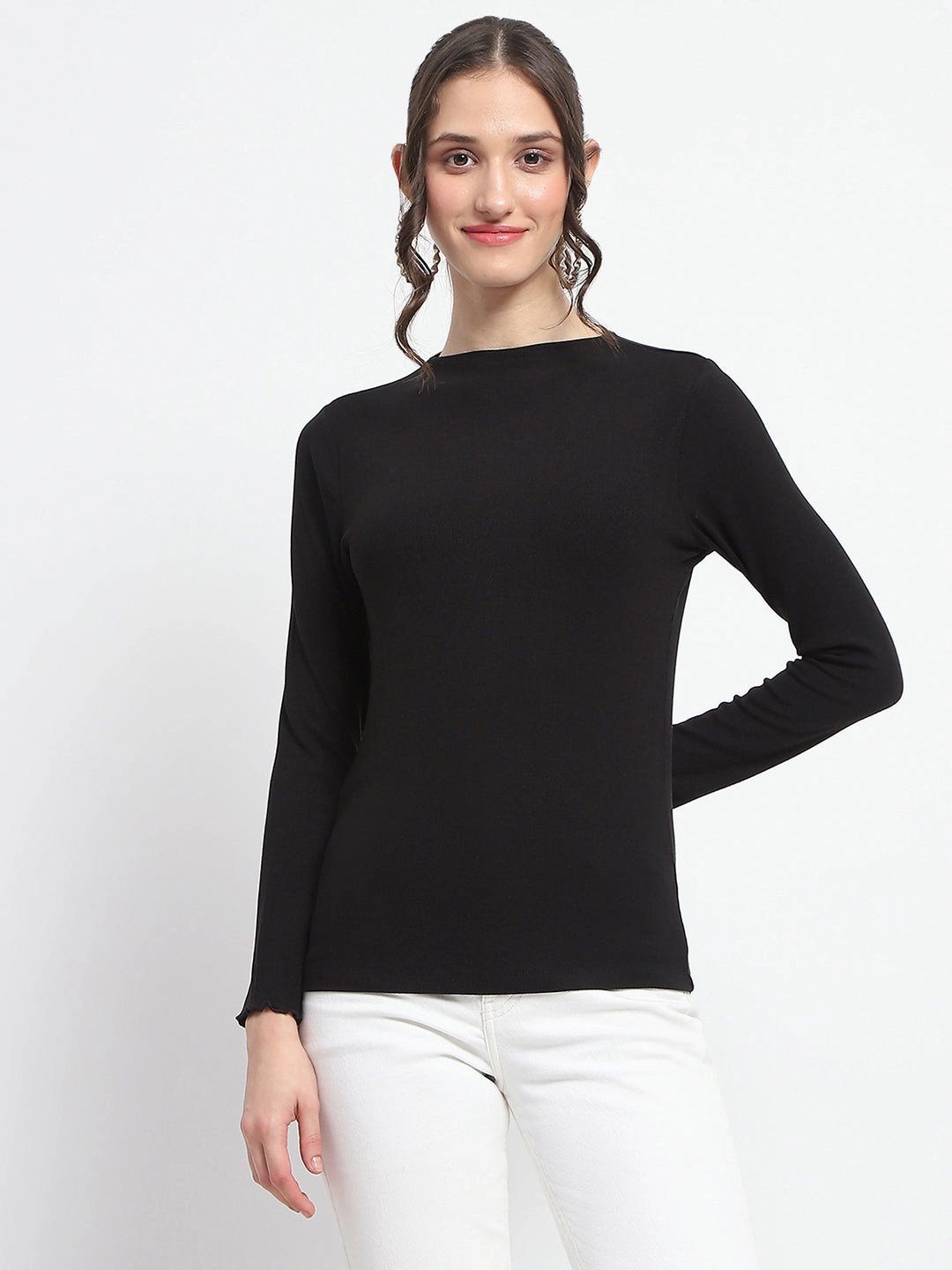 Madame High Neck Full Sleeve Solid Black Top SoftLining Asymmetrical hem