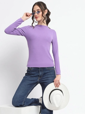 AllDay Comfort Design MeshPanel Madame High Neck Full Sleeve Solid Purple Top