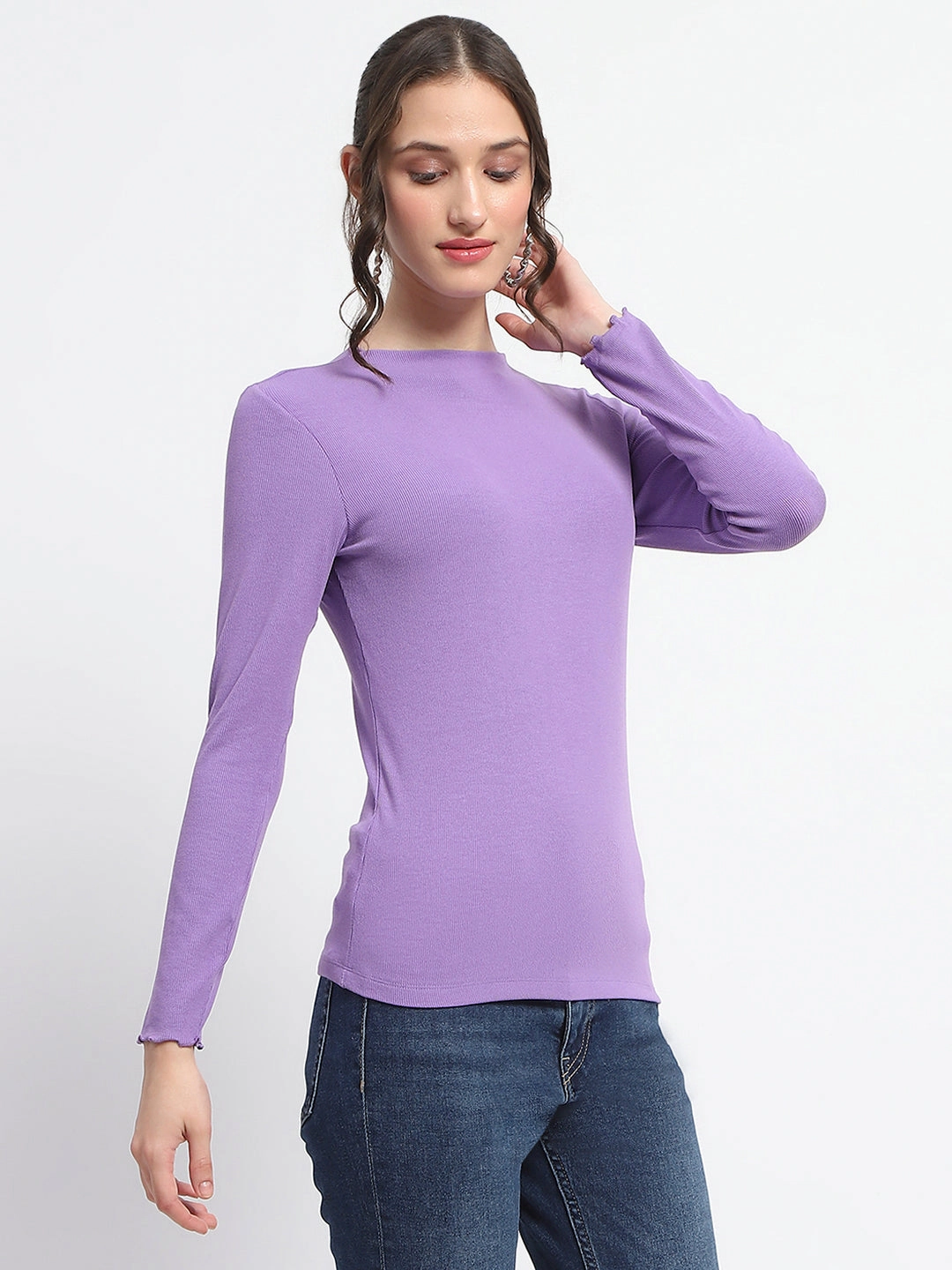 AbrasionResistant Machine Washable Fabric Madame High Neck Full Sleeve Solid Purple Top