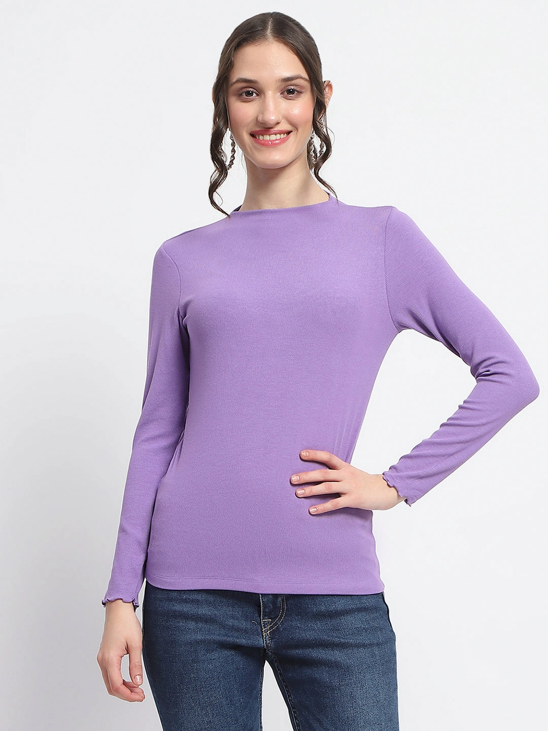 Madame High Neck Full Sleeve Solid Purple Top SeamlessSidePanels Chic Look