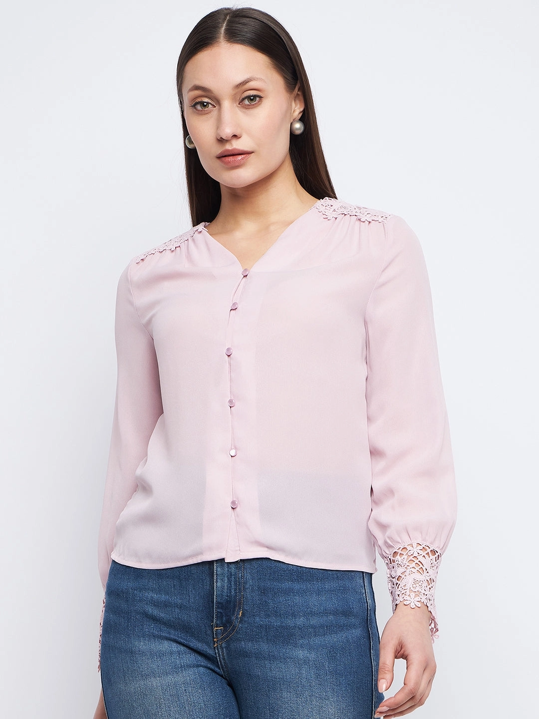 elegant design SubtleTexture Madame Lace Detailed Onion Pink V-Neck Shirt