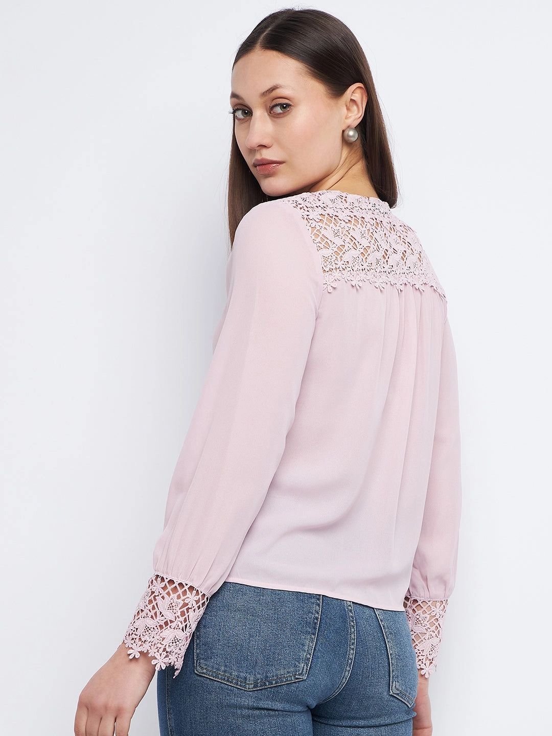 Madame Lace Detailed Onion Pink V-Neck Shirt Trendy Shirt