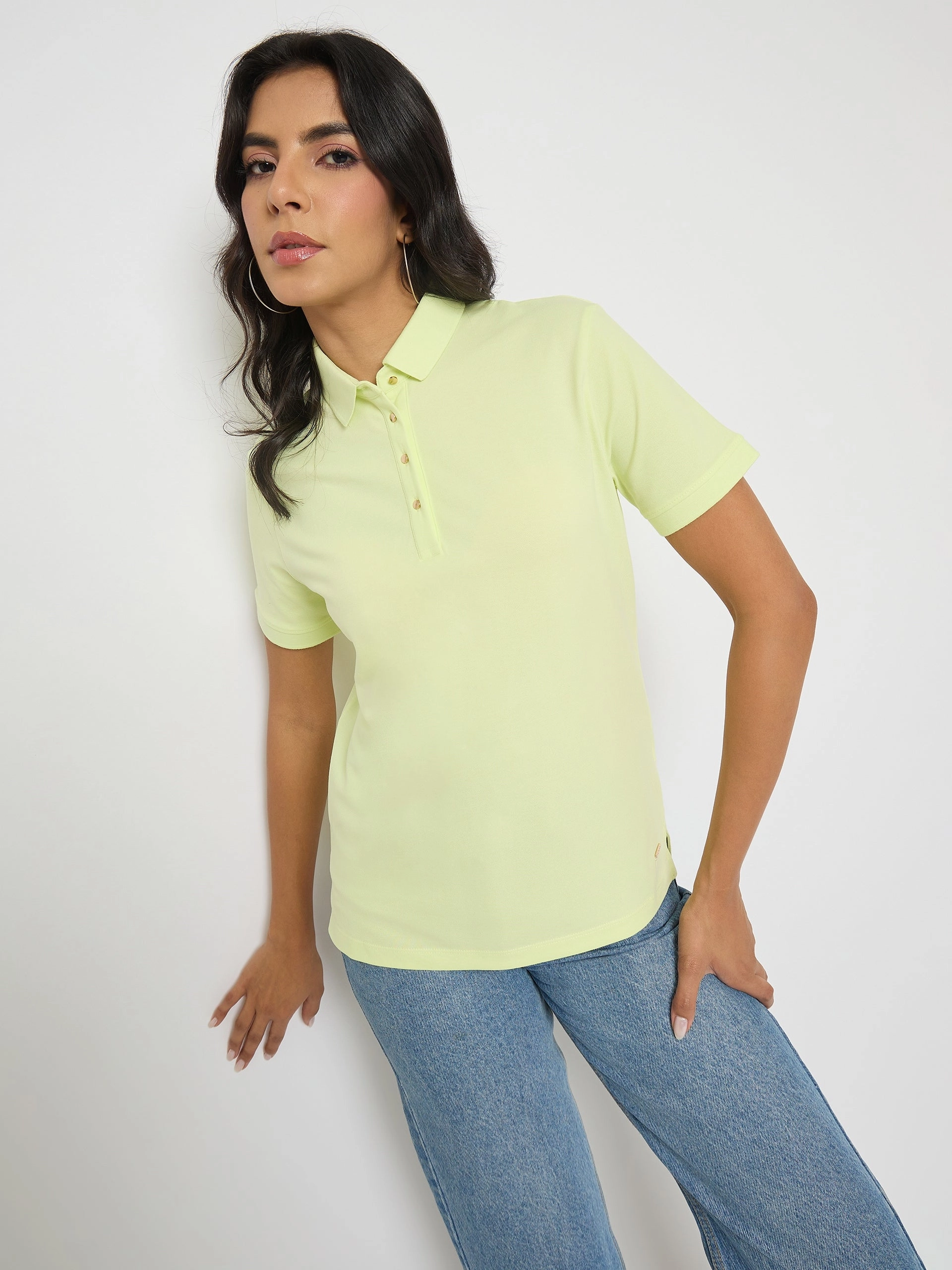 Madame Lime Yellow Cotton Blend Polo T-Shirt summer look ContouredPanels