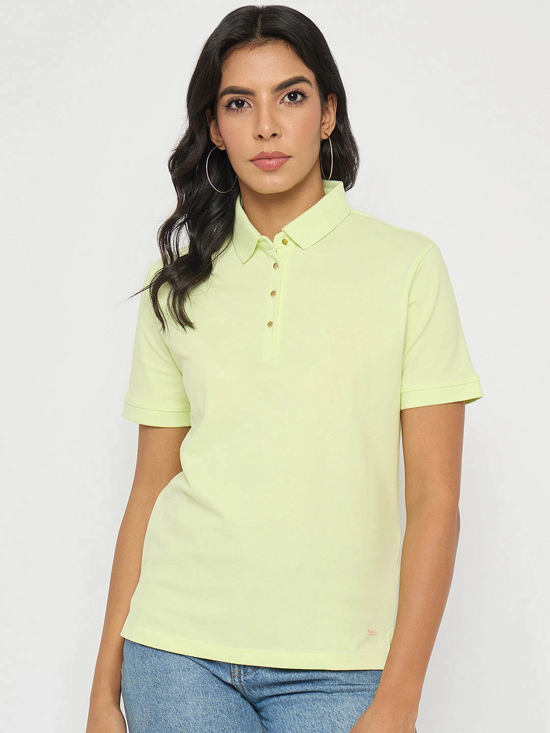 VentilatedBackPanel Taped Neckline Madame Lime Yellow Cotton Blend Polo T-Shirt