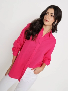 Fashionable Look Madame Linen Blend Solid Hot Pink Shirt