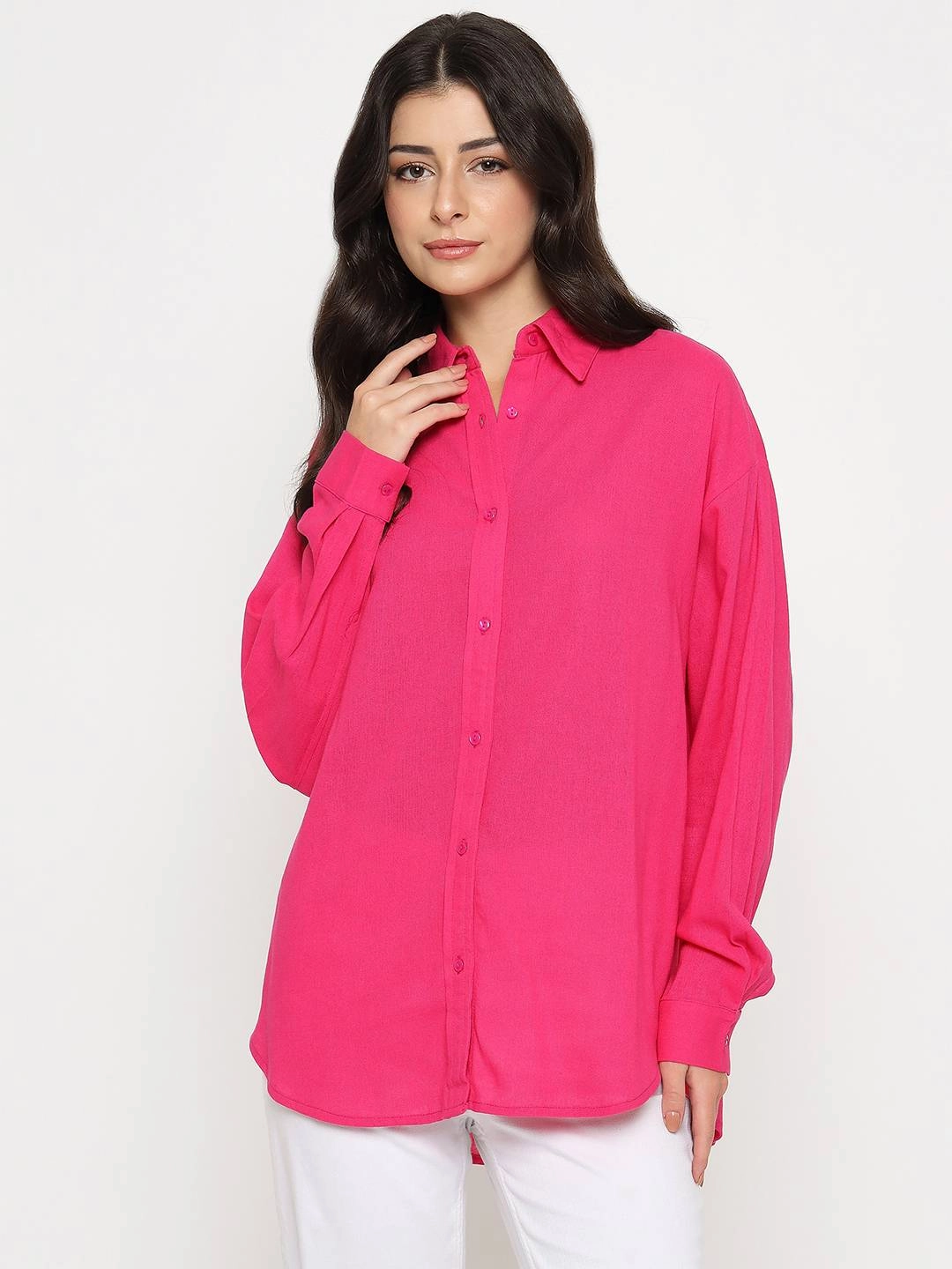 Everyday Wear Madame Linen Blend Solid Hot Pink Shirt