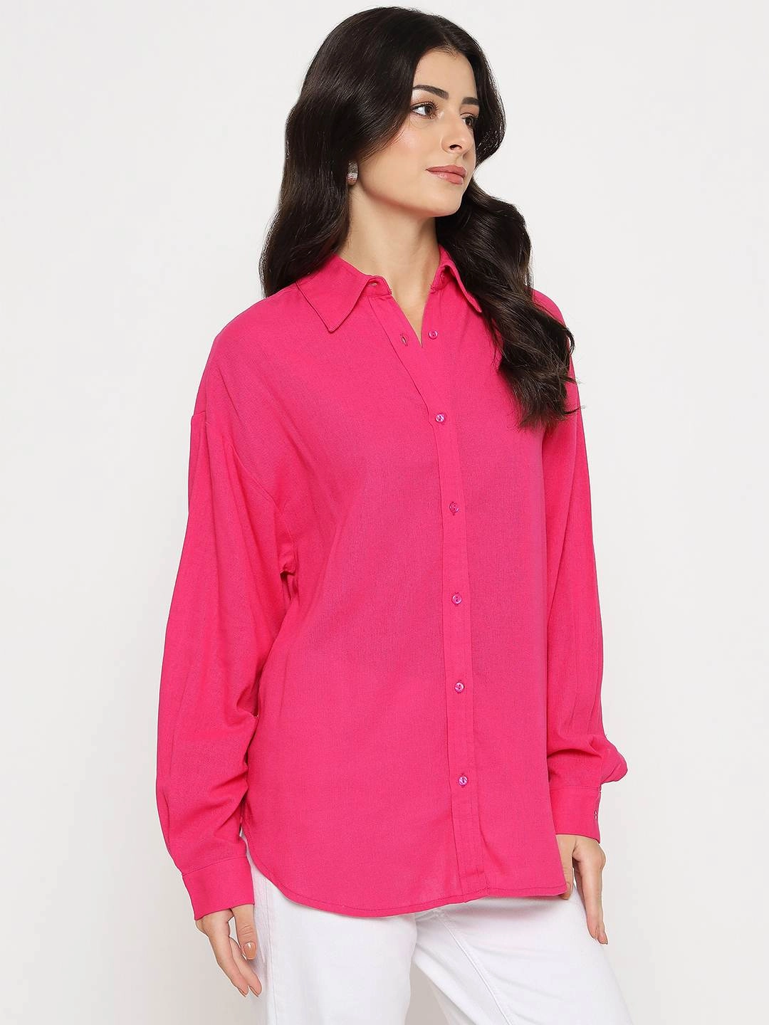 family gathering Madame Linen Blend Solid Hot Pink Shirt