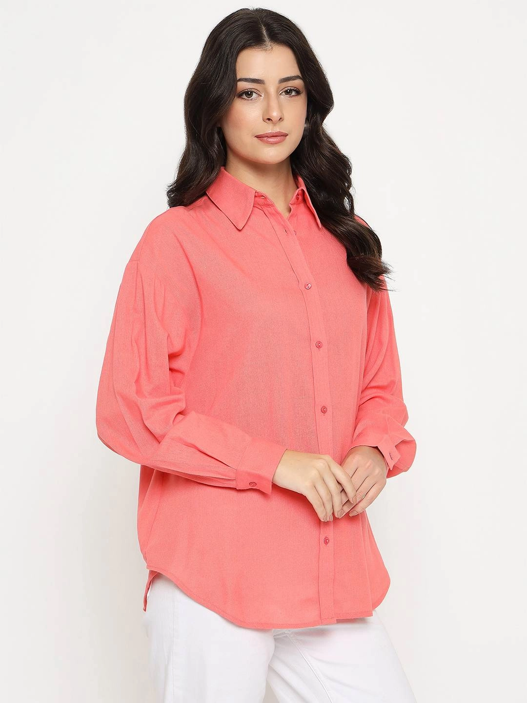 Madame Linen Blend Solid Light Coral Shirt Minimalist Aesthetic Denim Blend