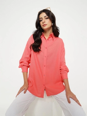 Madame Linen Blend Solid Light Coral Shirt Non Irritating Seams