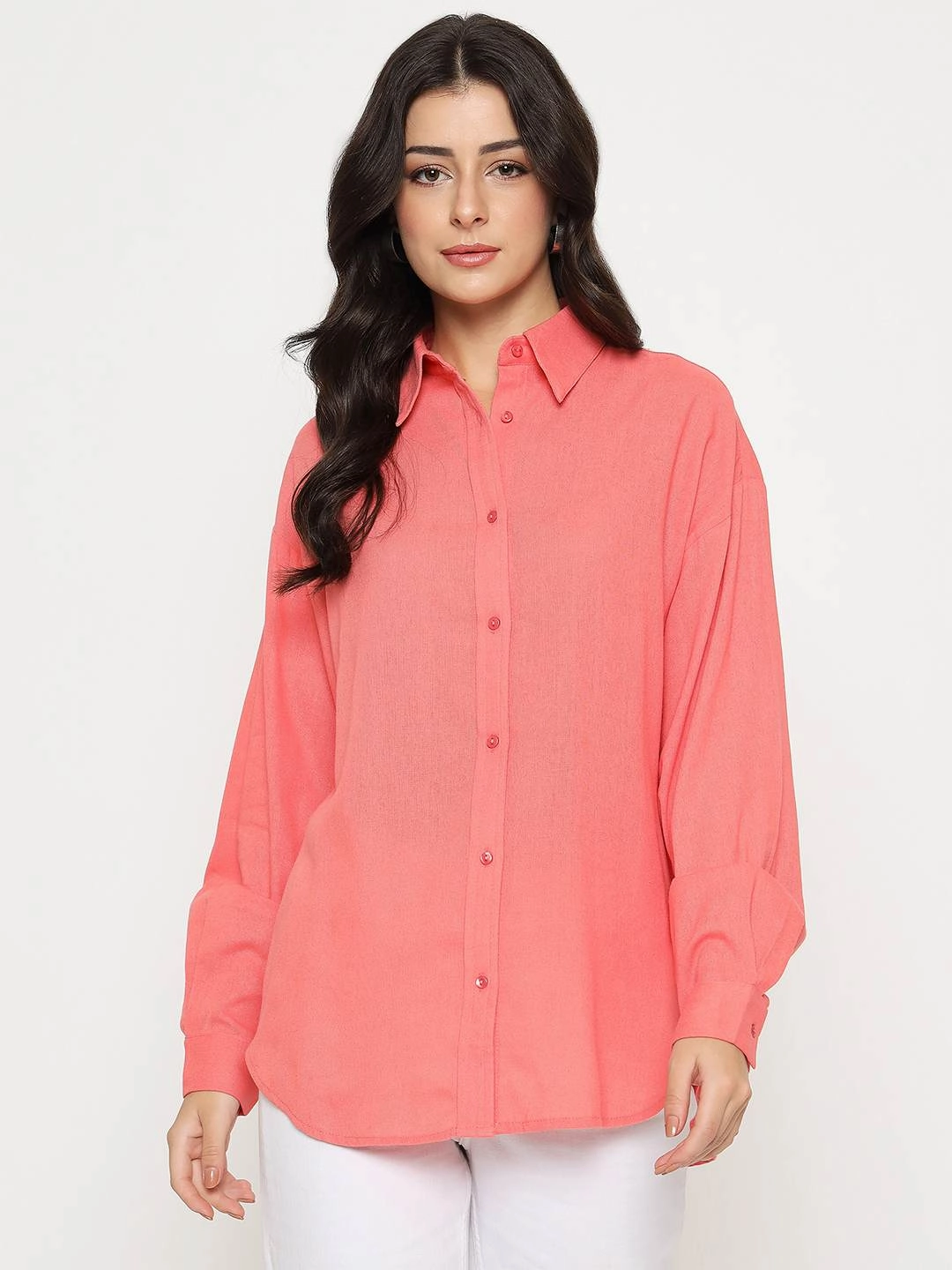 Madame Linen Blend Solid Light Coral Shirt Minimalist Closure
