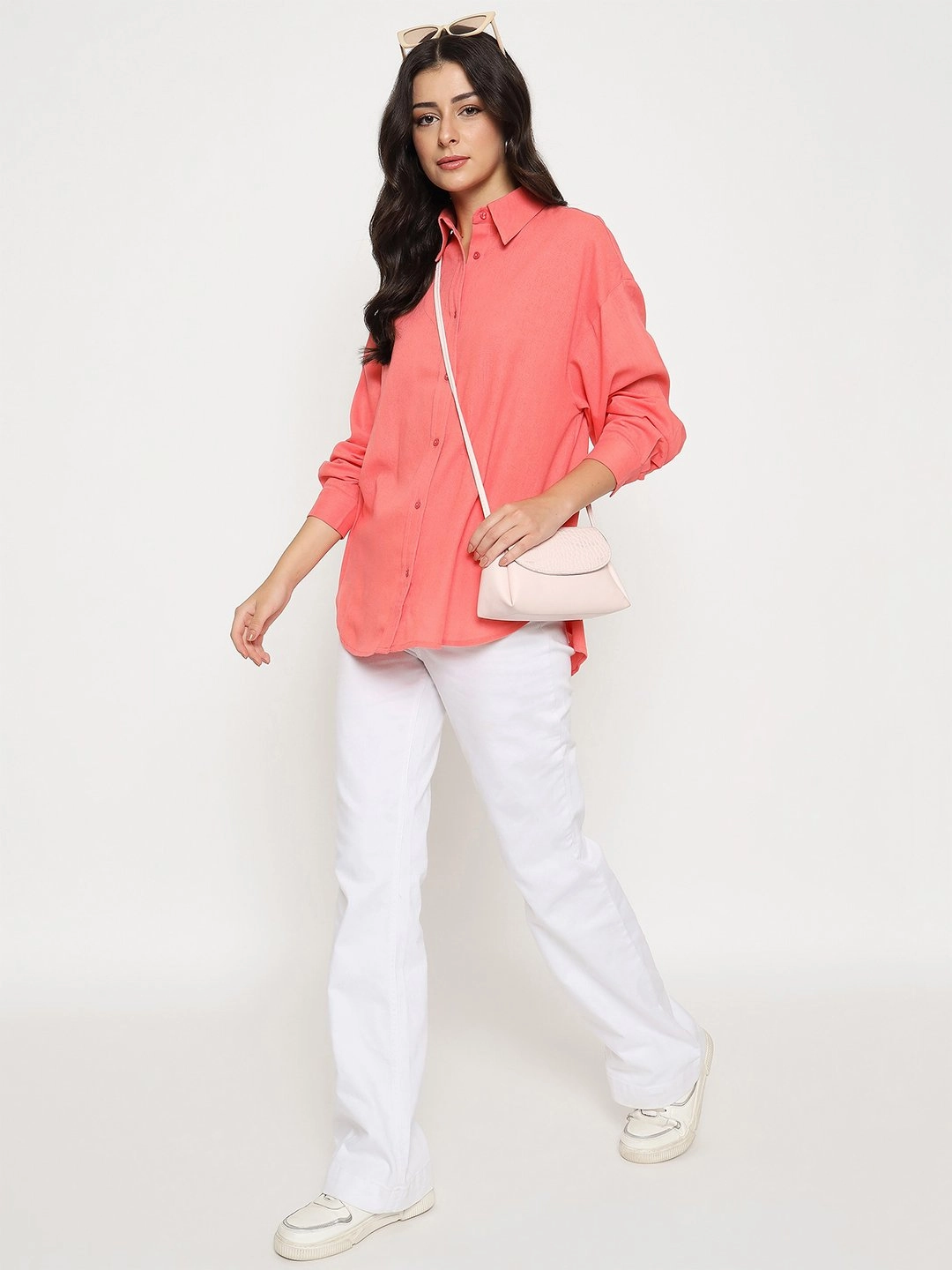 Workwear Casual Madame Linen Blend Solid Light Coral Shirt