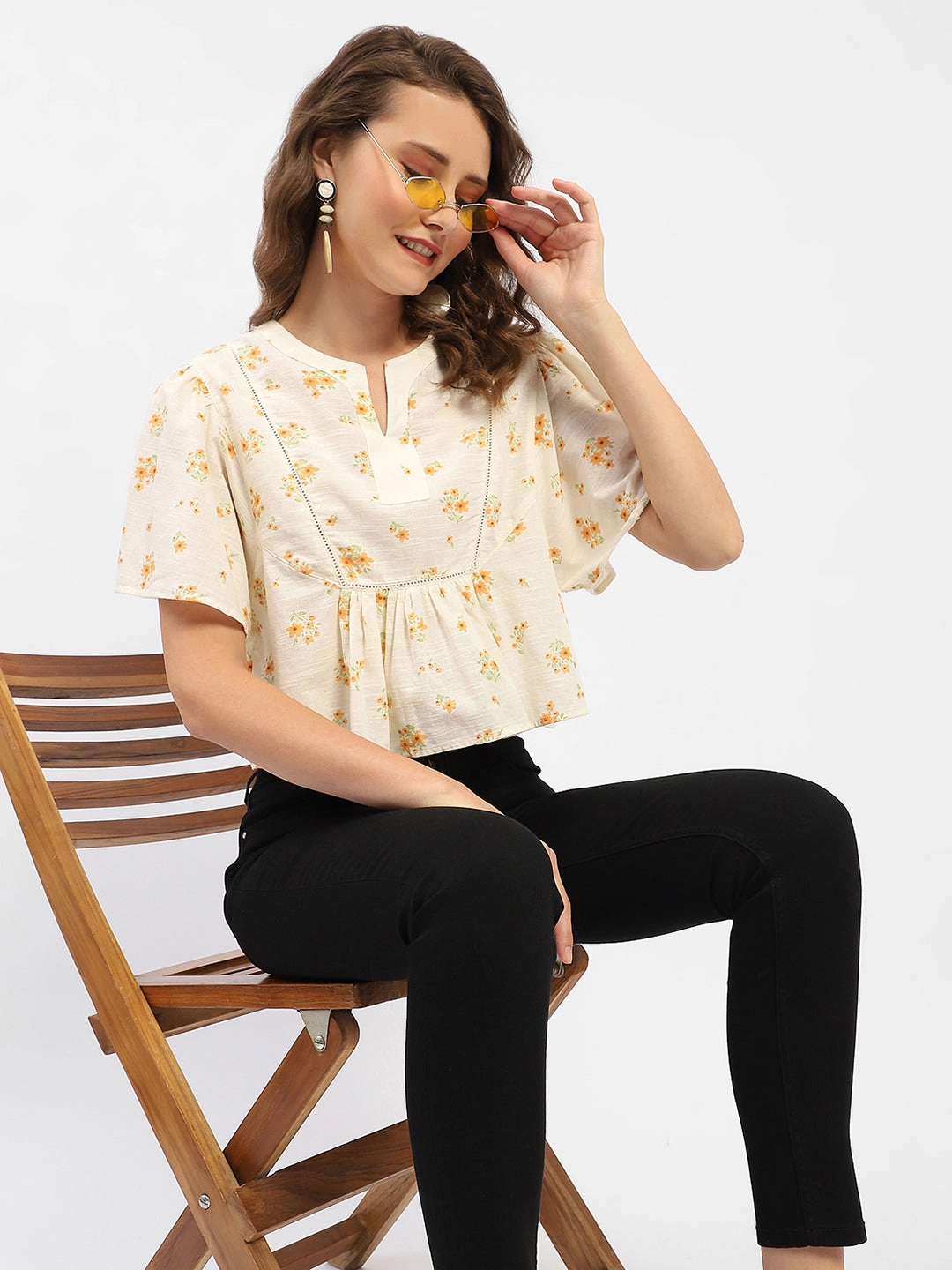 Madame Mandarin Collar Ruffle Detailing Printed Cotton Peplum Top Friction Resistant Finish