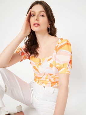 CroppedLength Madame Marble Print Square Neck Tangerine Orange Crop Top