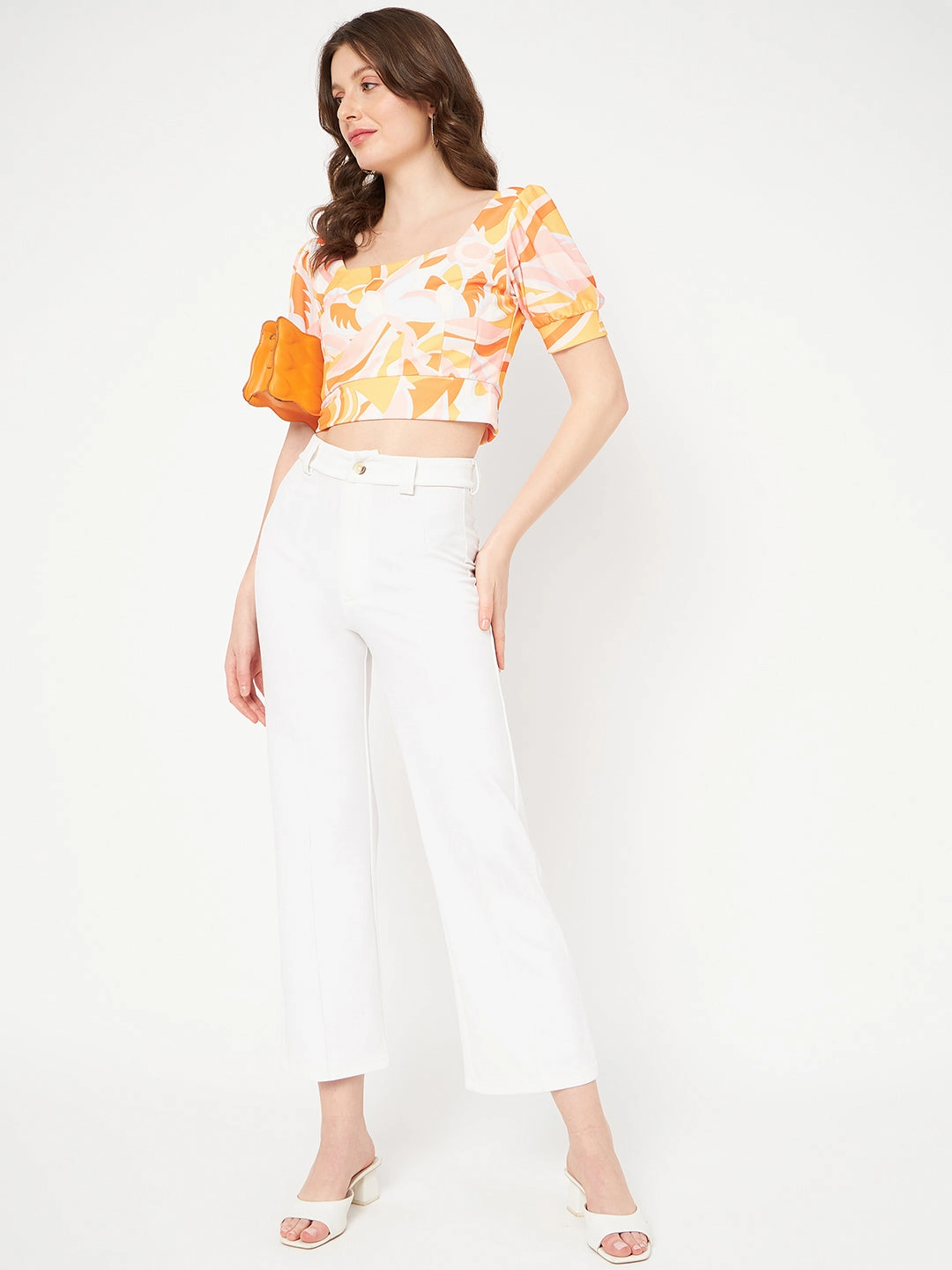 Relaxed Top NonRestrictiveSilhouette Madame Marble Print Square Neck Tangerine Orange Crop Top
