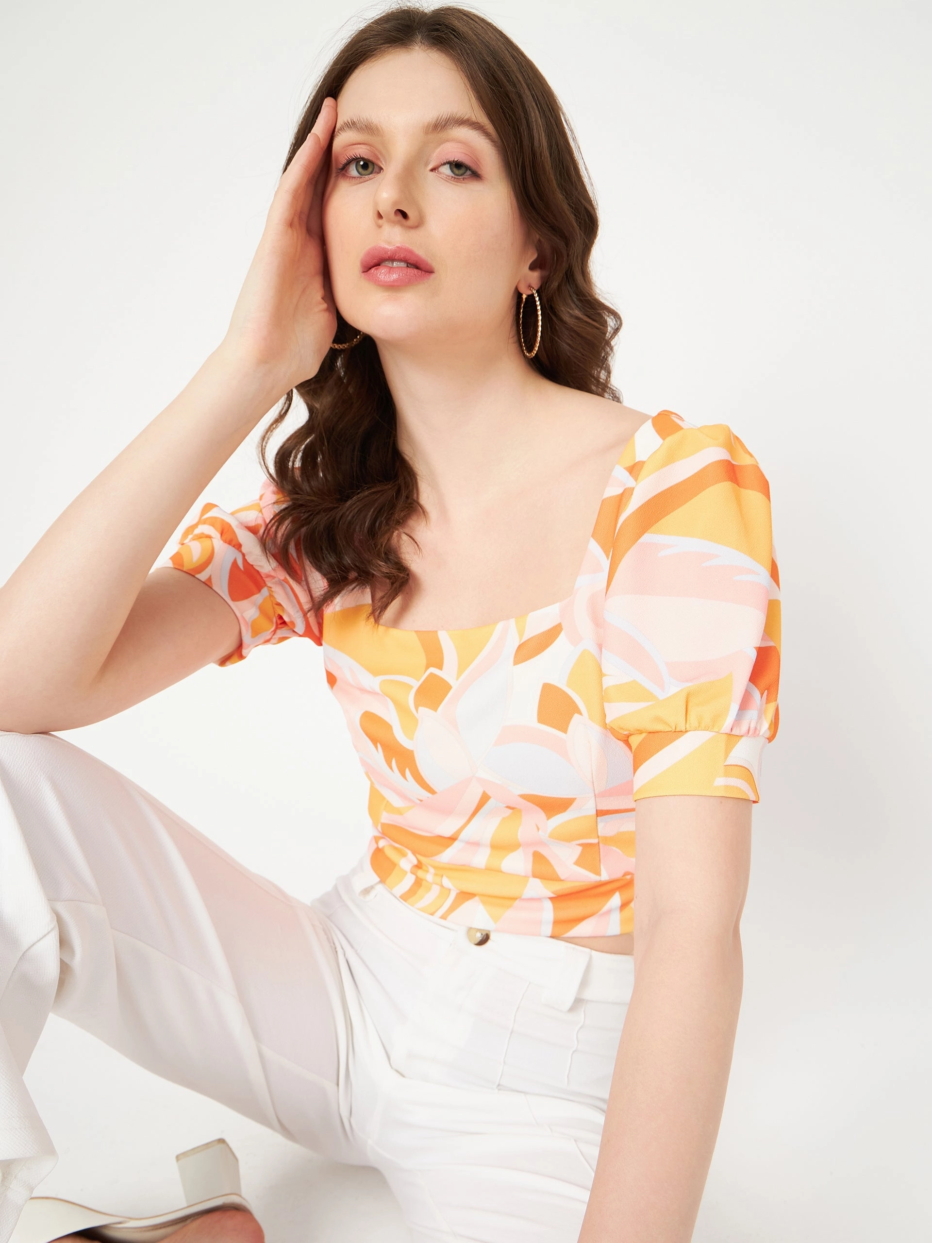 CroppedLength Madame Marble Print Square Neck Tangerine Orange Crop Top