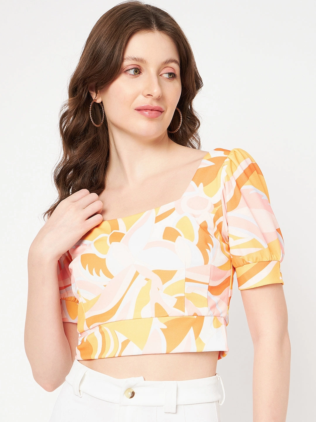 Relaxed Silhouette Madame Marble Print Square Neck Tangerine Orange Crop Top