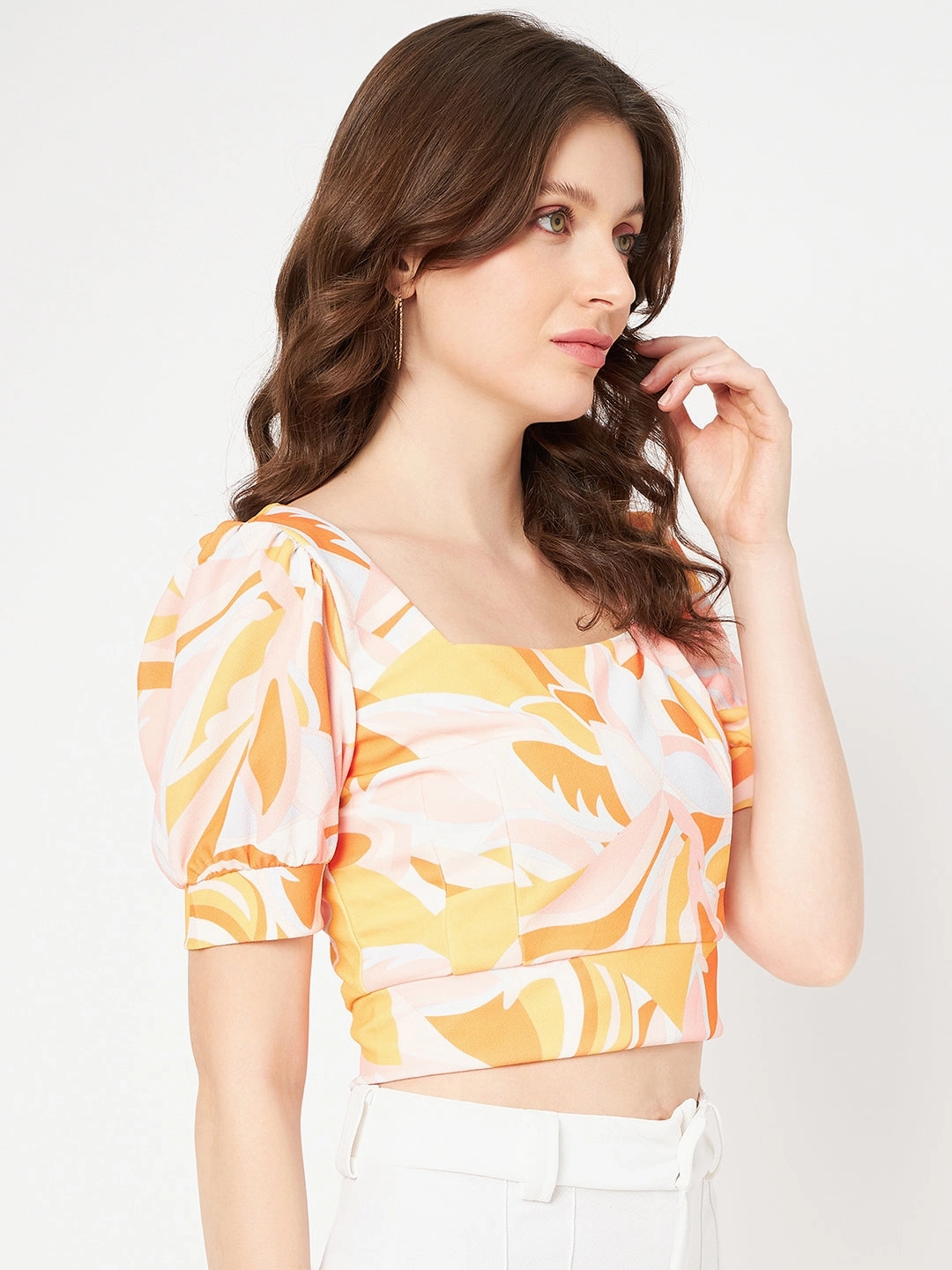 Reflective Accent Trim Madame Marble Print Square Neck Tangerine Orange Crop Top