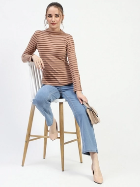 Madame Mock Neck Striped Button Detailed Sleeve Brown Top Layered Hem Detailing
