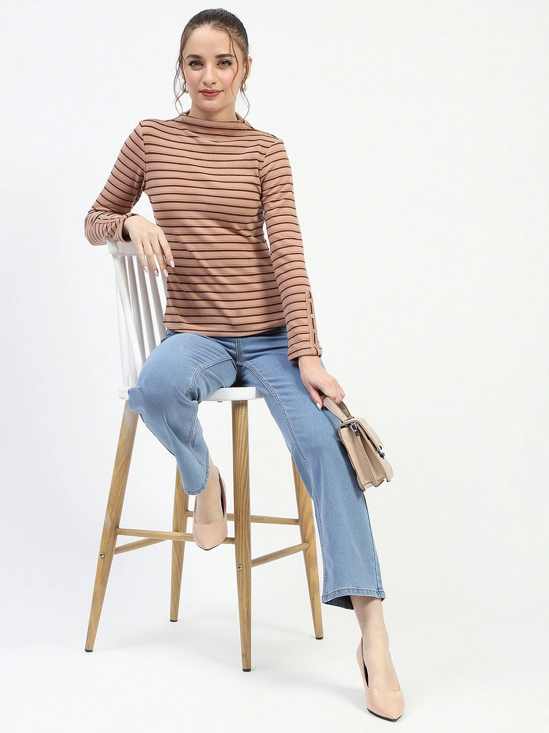 Madame Mock Neck Striped Button Detailed Sleeve Brown Top Layered Hem Detailing