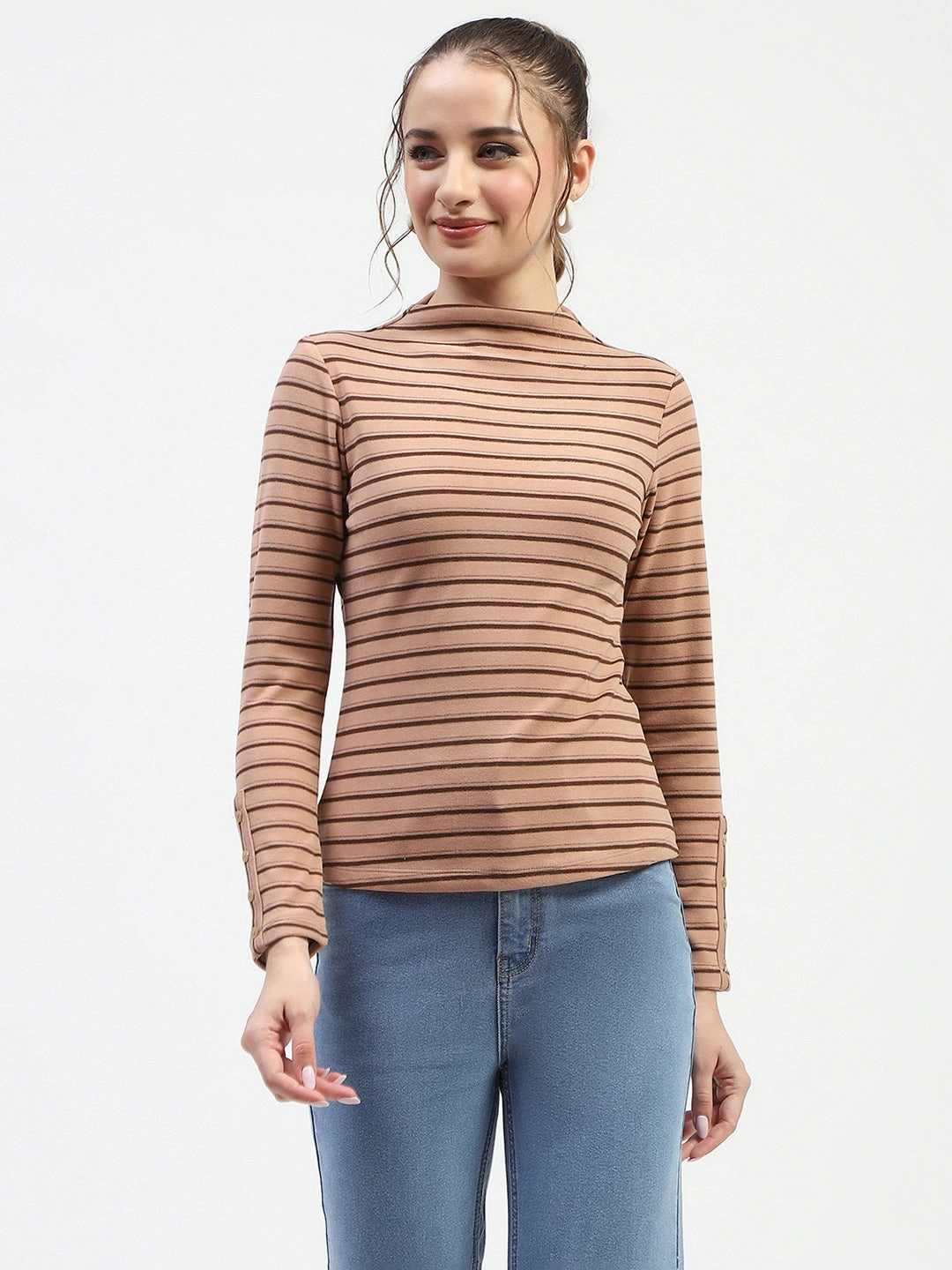 WideNeckline TexturedSurface Madame Mock Neck Striped Button Detailed Sleeve Brown Top