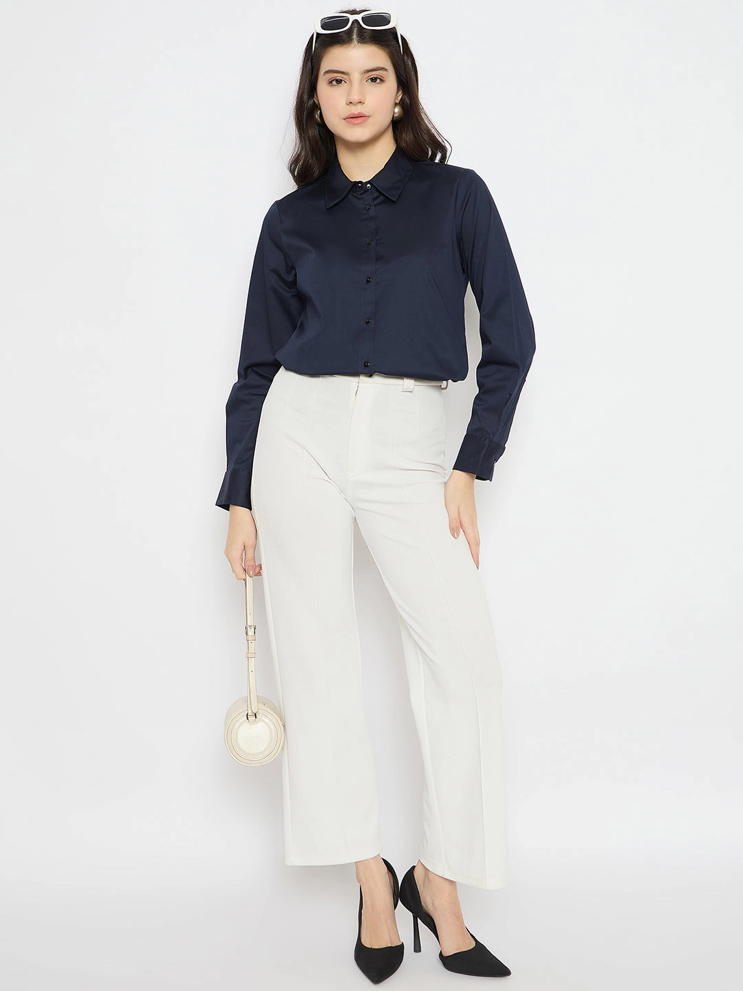 Madame Navy Blue Cotton Blend Shirt High-Quality Fabric