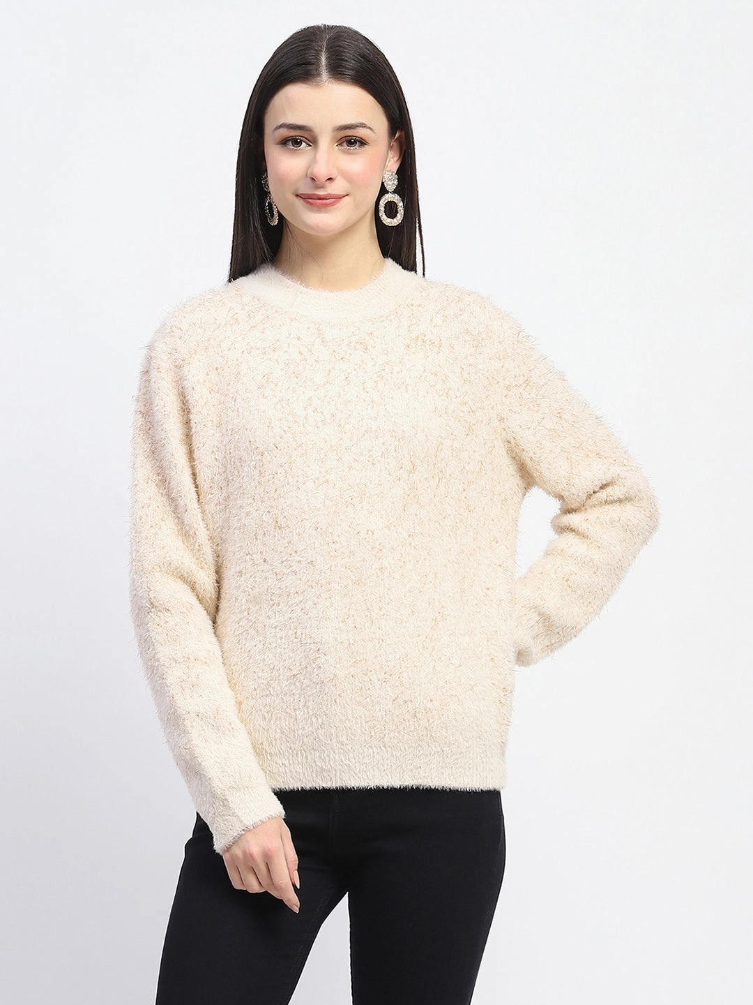Madame Nylon Blend Full Sleeve Solid Beige Sweater Quick Fit Stretch