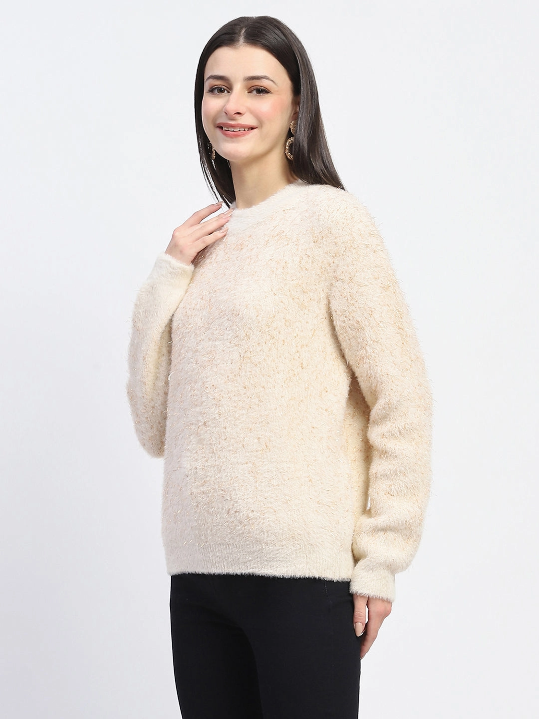 Fashion Knit Madame Nylon Blend Full Sleeve Solid Beige Sweater