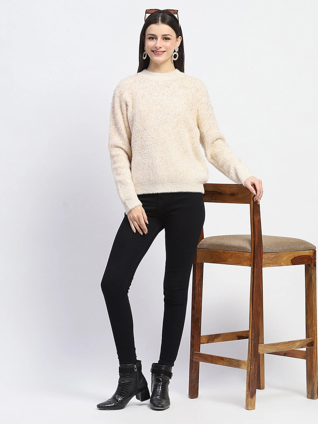 Madame Nylon Blend Full Sleeve Solid Beige Sweater Warm Winter Wear