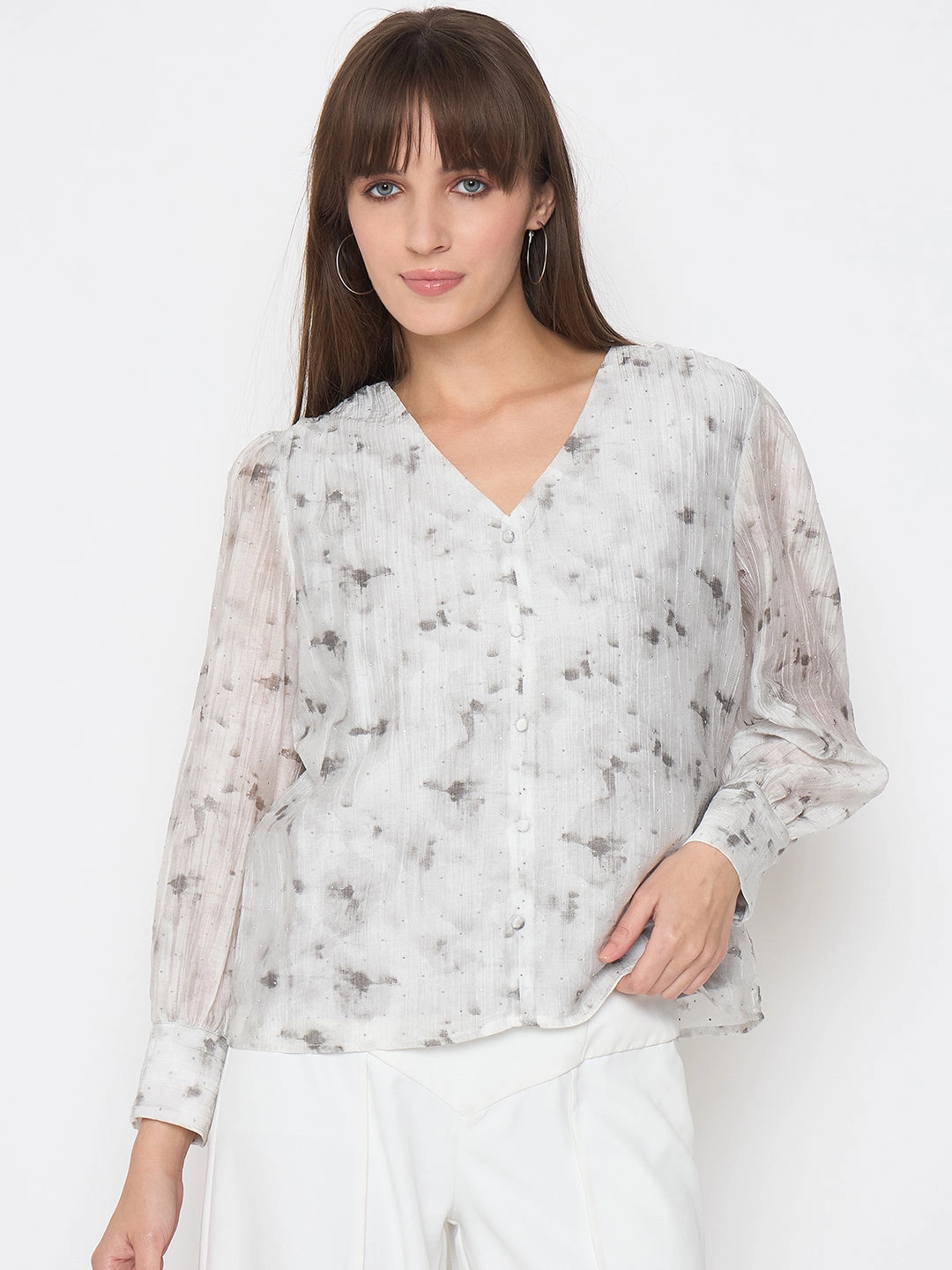 Madame Nylon Printed Embellished Grey Overlapping Top SoftTouchFinish QuickReleaseFastenings