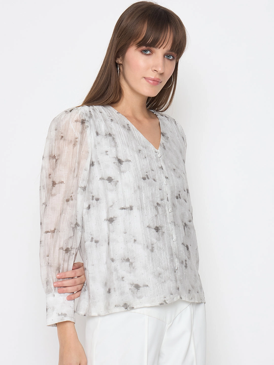 Anti Slip Shoulder Padding Madame Nylon Printed Embellished Grey Overlapping Top