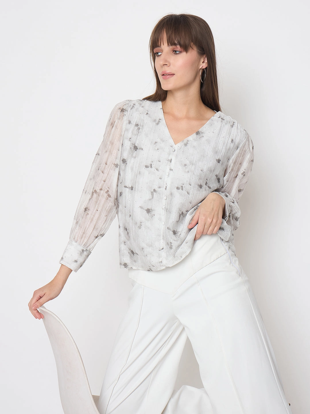 Madame Nylon Printed Embellished Grey Overlapping Top Breathable Hoodie High Collar Option