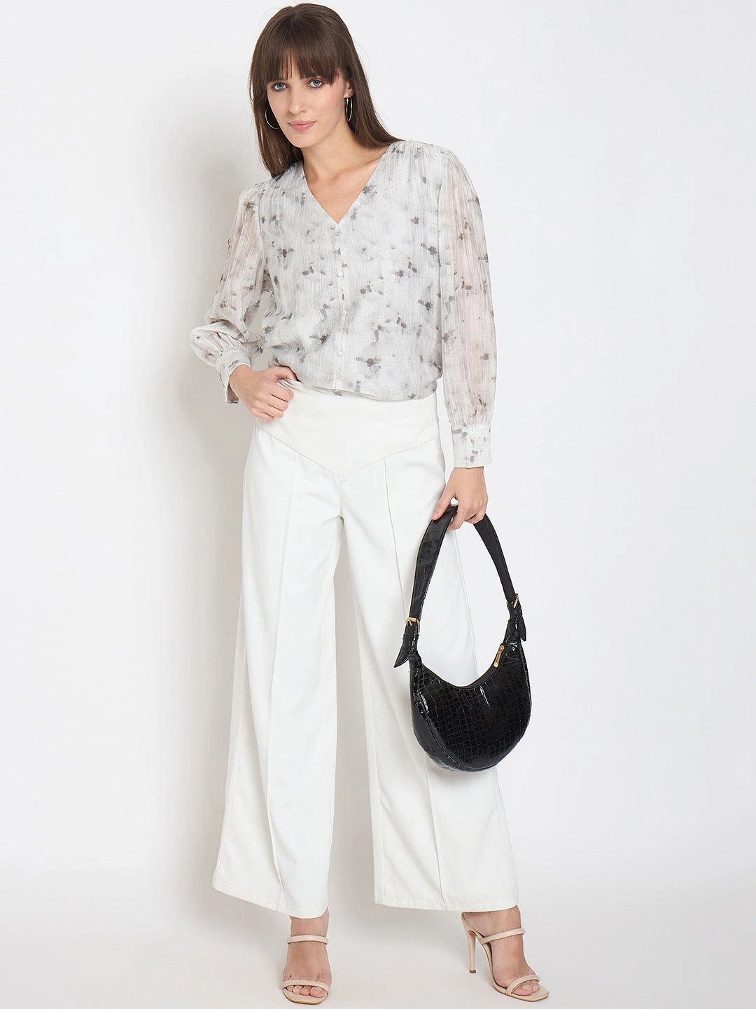 Bamboo Fiber Fabric Madame Nylon Printed Embellished Grey Overlapping Top