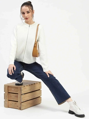Roomy Pockets Madame Off-White Zip-Up Sweater