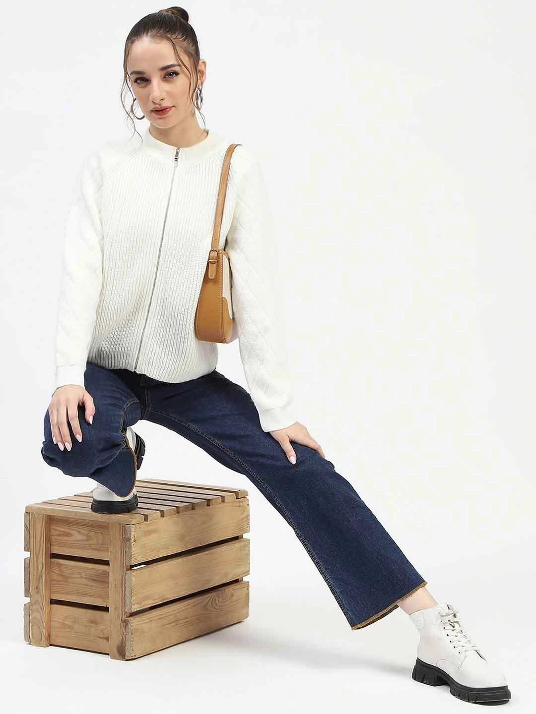 Roomy Pockets Madame Off-White Zip-Up Sweater