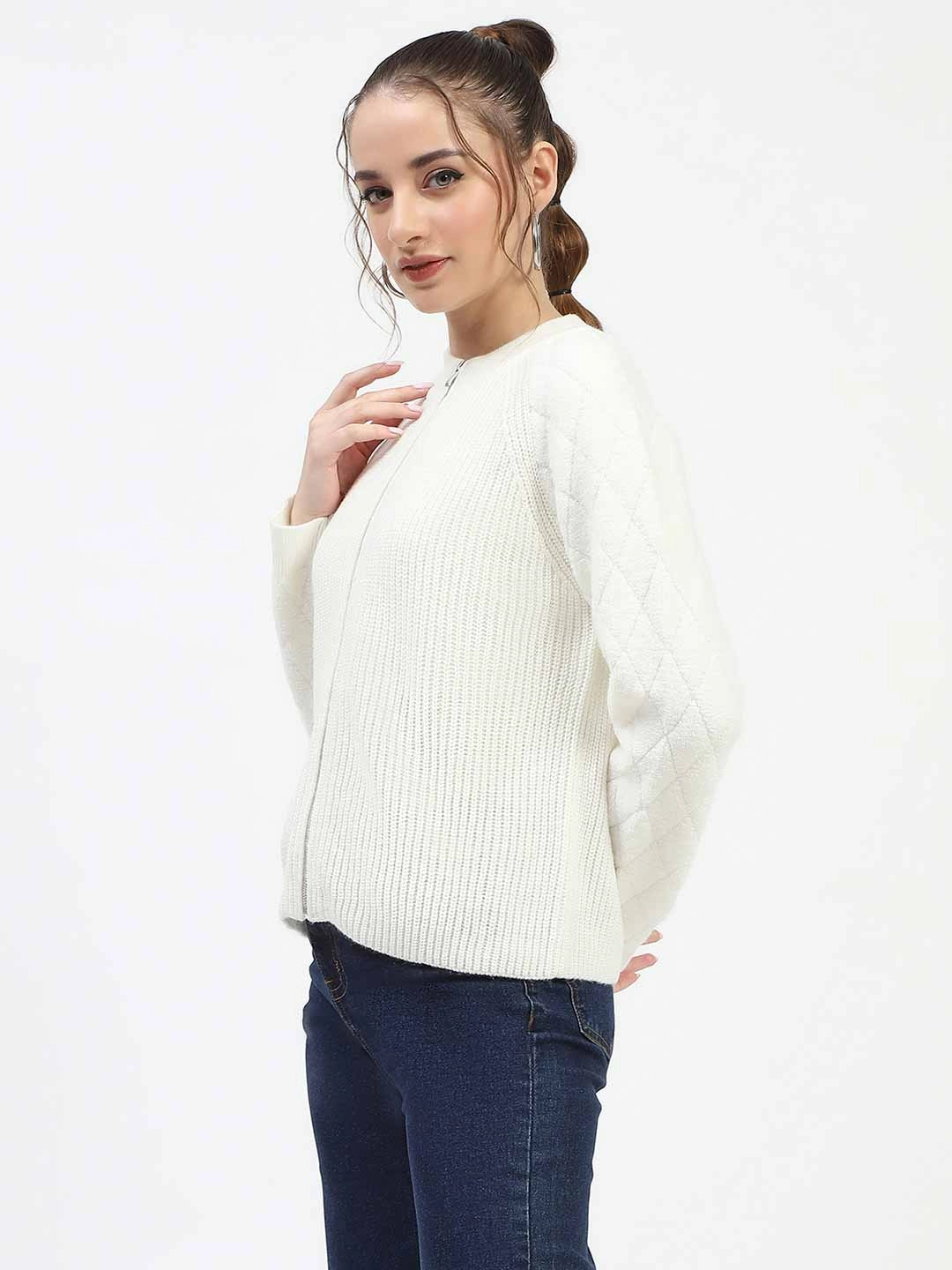Madame Off-White Zip-Up Sweater Snuggle Fit Relaxed Knit