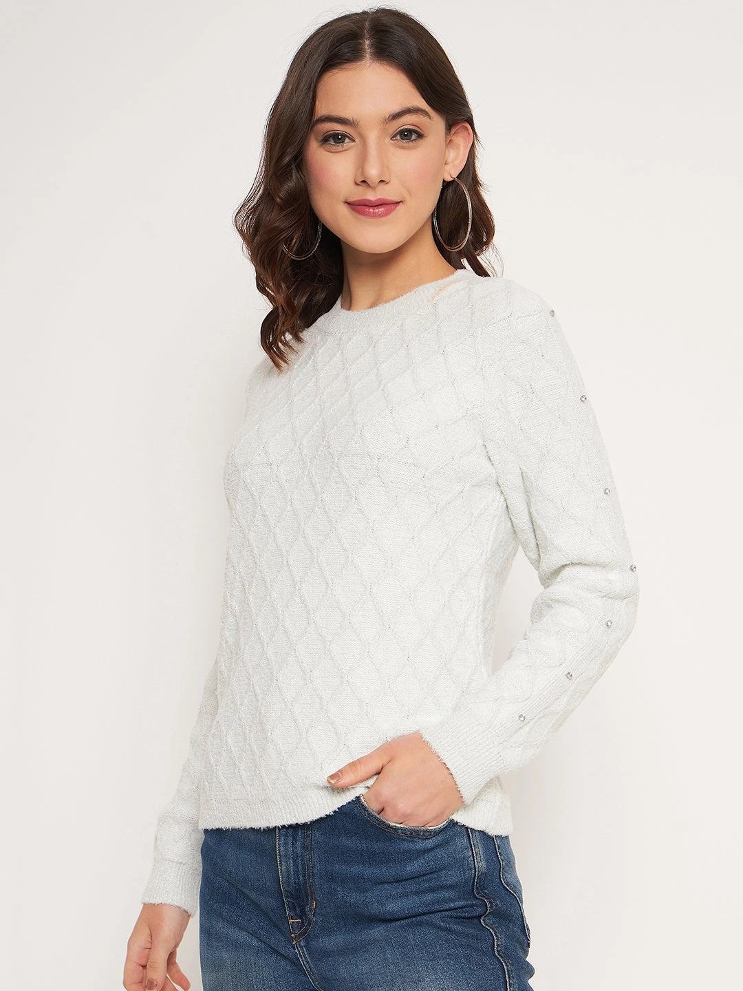 Timeless Fashion Relaxed Fit Madame Offwhite Solid Sweater