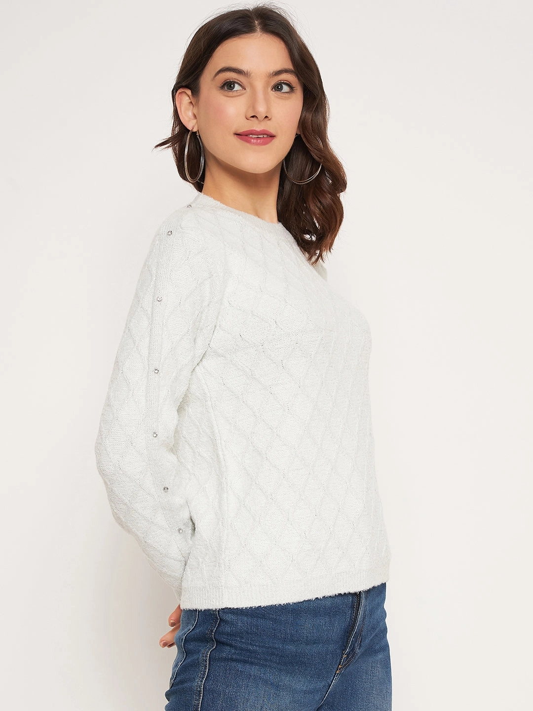 Madame Offwhite Solid Sweater Hypoallergenic Yarn Construction Knitted Layering