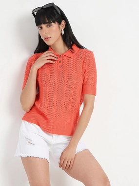 Madame Openwork Detail Textured Coral Orange Cotton Knitted Top SeamFreeShoulder elegant design
