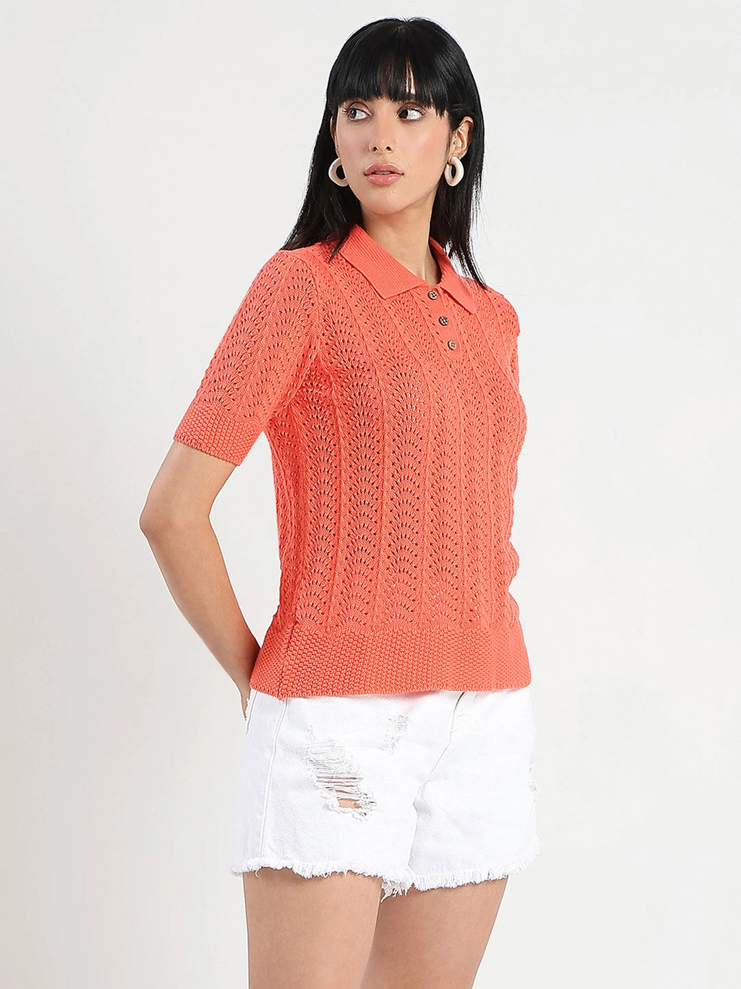 Madame Openwork Detail Textured Coral Orange Cotton Knitted Top Colorfast Dye Method Soft Sweater