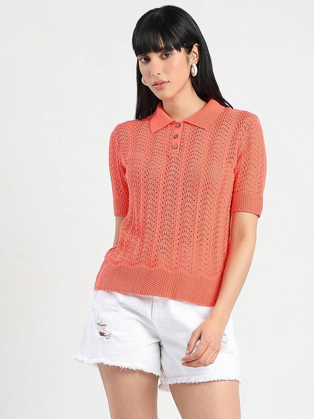 Madame Openwork Detail Textured Coral Orange Cotton Knitted Top Double Layered Hem