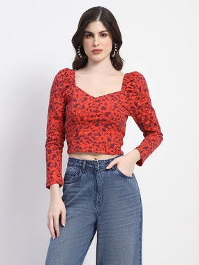 Madame Orange Abstract Print Queen Anne Neck Corset Top FrenchTerry Sporty Blouse