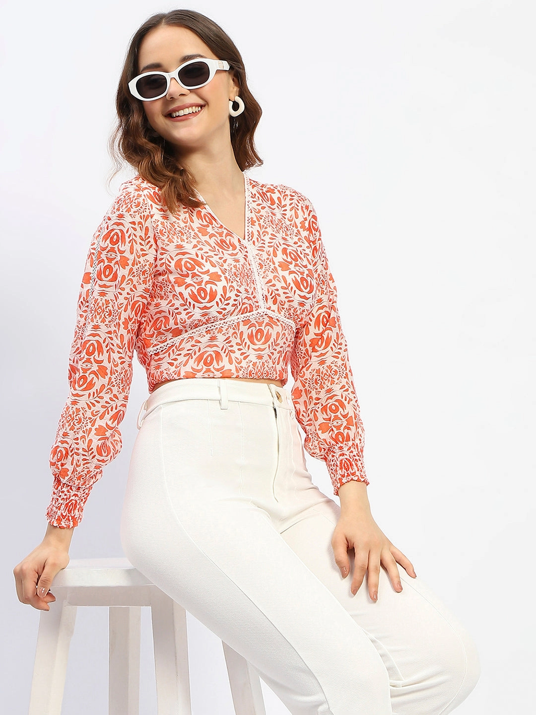 Layered Look Madame Paisley Print Orange Cotton Crop Top