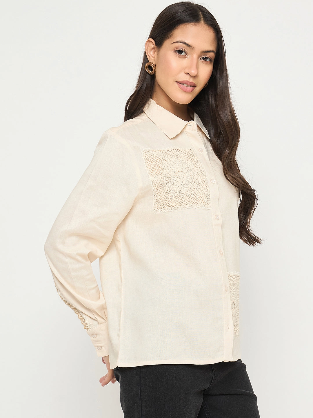 Layered Look Madame Patchwork and Lace Detailed Beige Cotton Shirt