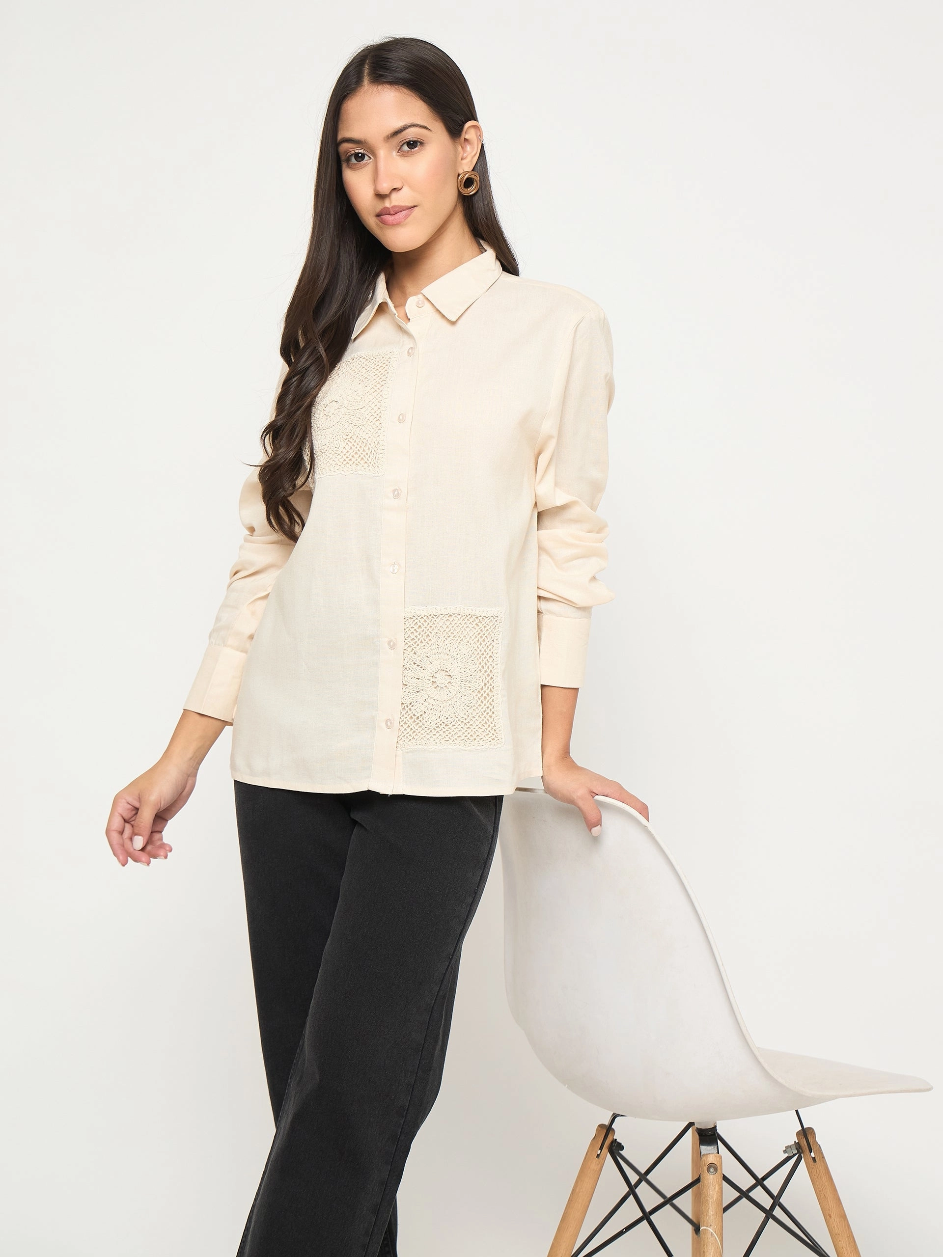 Madame Patchwork and Lace Detailed Beige Cotton Shirt Personalized Touch Urban Trend