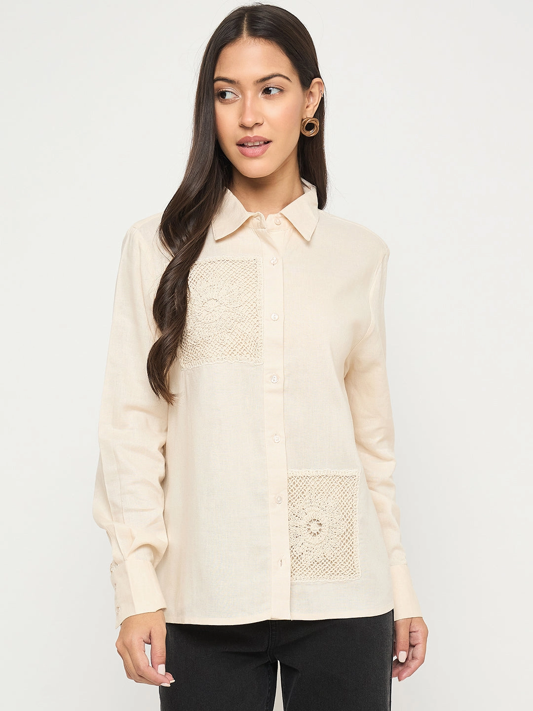 Flatlock stitching Denim Blend Madame Patchwork and Lace Detailed Beige Cotton Shirt