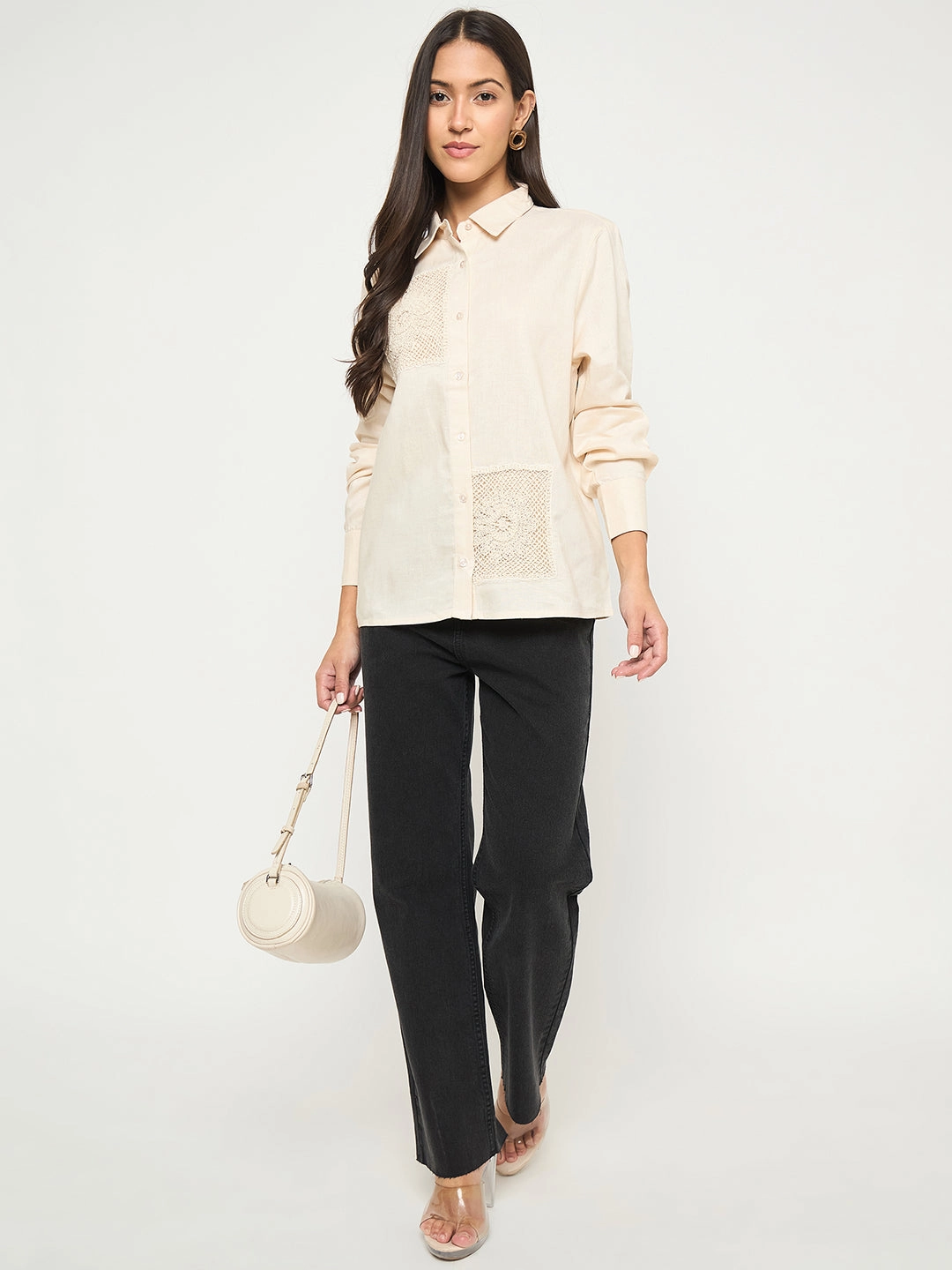Affordable Fashion slim fit Madame Patchwork and Lace Detailed Beige Cotton Shirt