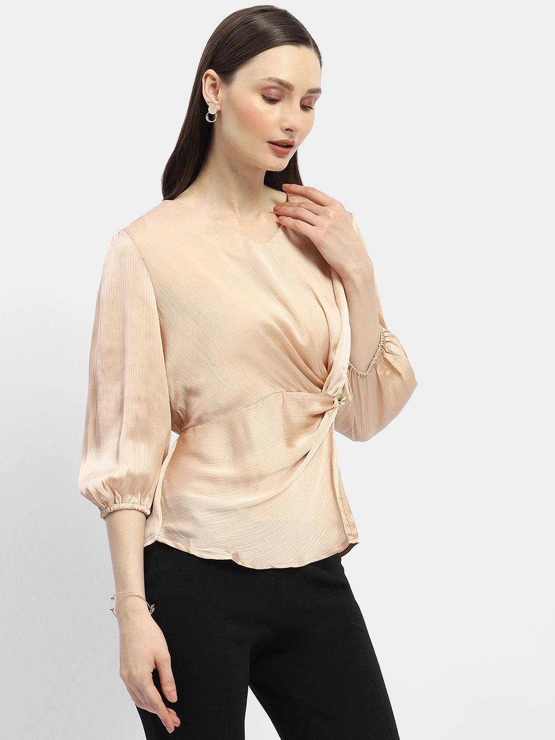 HiddenZipper PreWashed Madame Peasant Sleeve Golden Chain Adorned Top