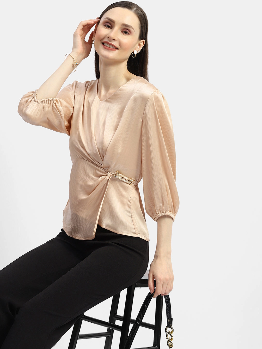 Madame Peasant Sleeve Golden Chain Adorned Top summer top