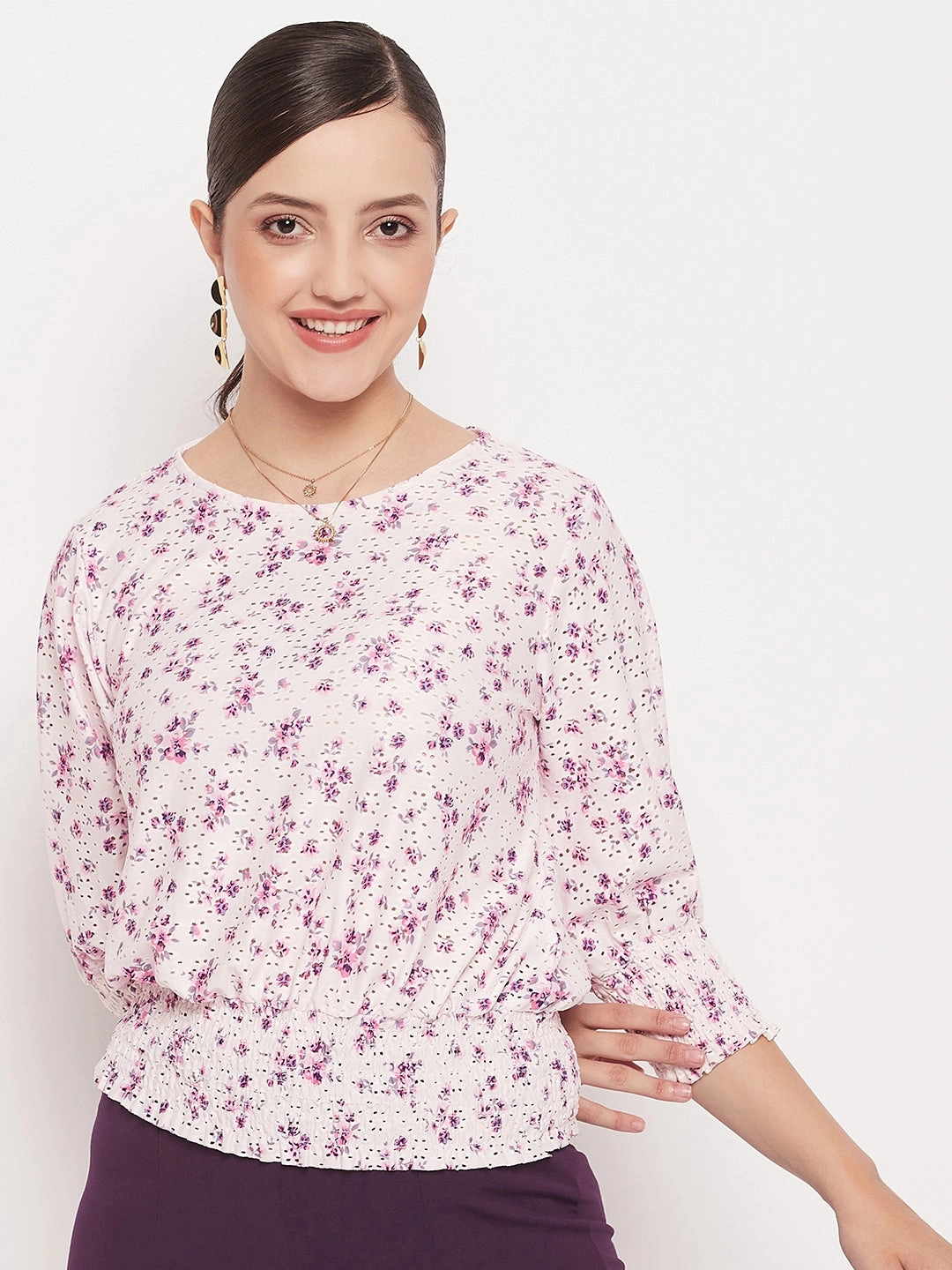 Madame Pink Elasticated Waist Cotton Floral Top All Weather Performance Fabric Tagless Collar
